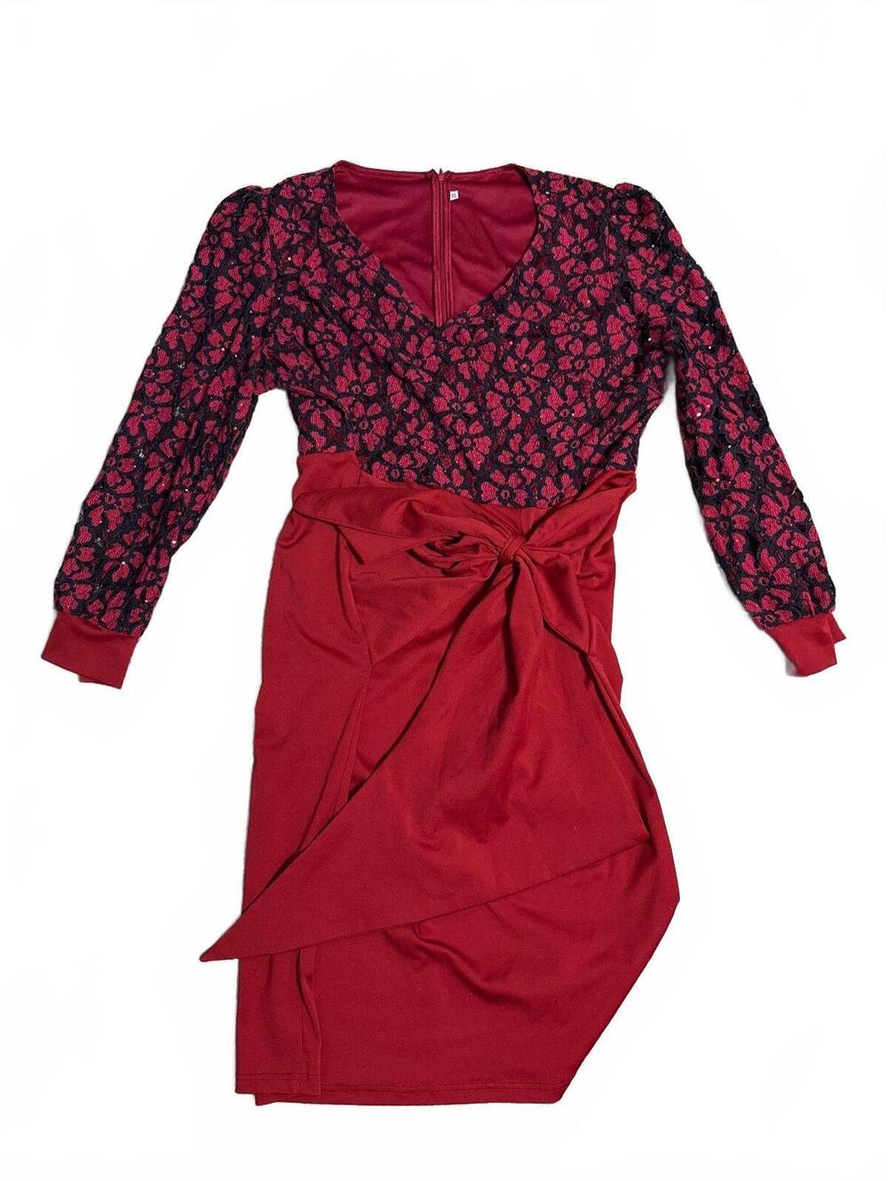 Plus Size 2X Red & Black Lace Cocktail Dress, Formal Tie Front Drape Frock